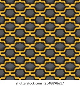 Grey octagons with rounded octagonal black and gold contour. Vector square seamless pattern or texture.