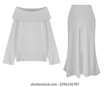 Grey  off shoulder sweater and skirt. vector illustration