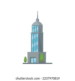 Grey office city building with spire cartoon illustration. Real estate, business tower, skyscraper, apartment building isolated on white background. Cityscape urban downtown concept