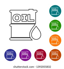 Grey Oil barrel line icon isolated on white background. Oil drum container. For infographics, fuel, industry, power, ecology. Set icon in color circle buttons. Vector Illustration