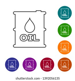 Grey Oil barrel line icon isolated on white background. Oil drum container. For infographics, fuel, industry, power, ecology. Set icon in color circle buttons. Vector Illustration