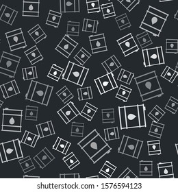Grey Oil barrel line icon isolated seamless pattern on black background. Oil drum container. For infographics, fuel, industry, power, ecology.  Vector Illustration