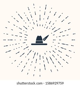 Grey Oktoberfest hat icon isolated on beige background. Hunter hat with feather. German hat. Abstract circle random dots. Vector Illustration