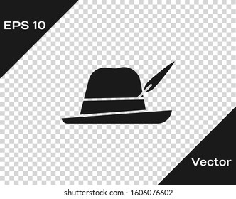 Grey Oktoberfest hat icon isolated on transparent background. Hunter hat with feather. German hat.  Vector Illustration