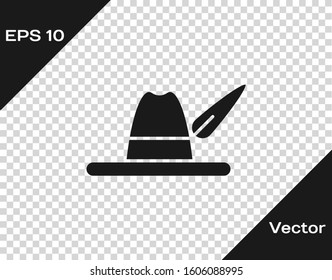 Grey Oktoberfest hat icon isolated on transparent background. Hunter hat with feather. German hat.  Vector Illustration