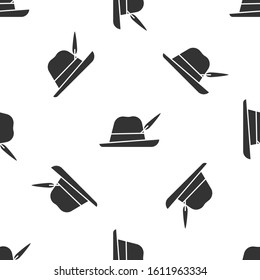 Grey Oktoberfest hat icon isolated seamless pattern on white background. Hunter hat with feather. German hat.  Vector Illustration