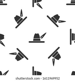 Grey Oktoberfest hat icon isolated seamless pattern on white background. Hunter hat with feather. German hat.  Vector Illustration