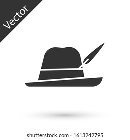 Grey Oktoberfest hat icon isolated on white background. Hunter hat with feather. German hat.  Vector Illustration