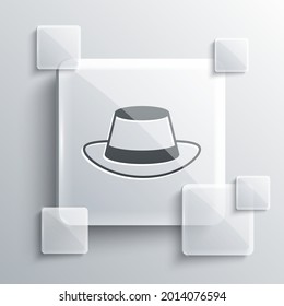 Grey Oktoberfest hat icon isolated on grey background. Hunter hat with feather. German hat. Square glass panels. Vector