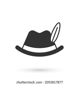 Grey Oktoberfest hat icon isolated on white background. Hunter hat with feather. German hat.  Vector