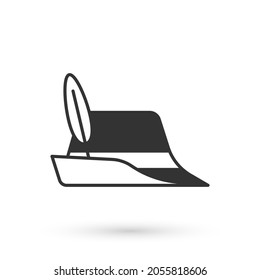 Grey Oktoberfest hat icon isolated on white background. Hunter hat with feather. German hat.  Vector