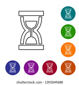 Grey Old hourglass with flowing sand line icon on white background. Sand clock sign. Business and time management concept. Set icon in color circle buttons. Vector Illustration