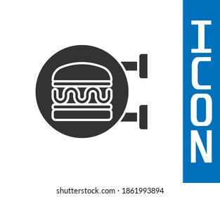Graue Online-Bestellung und Hamburger-Liefersymbol einzeln auf weißem Hintergrund.  Vektorgrafik