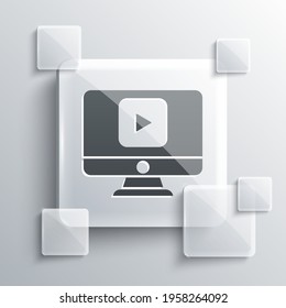 Grey Online play video icon isolated on grey background. Computer monitor and film strip with play sign. Square glass panels. Vector Illustration