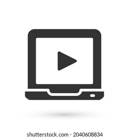 Grey Online play video icon isolated on white background. Laptop and film strip with play sign.  Vector