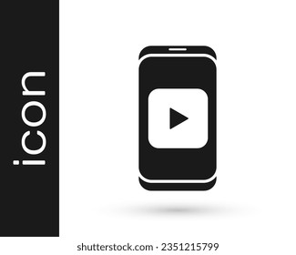 Grey Online play video icon isolated on white background. Smartphone and film strip with play sign.  Vector Illustration