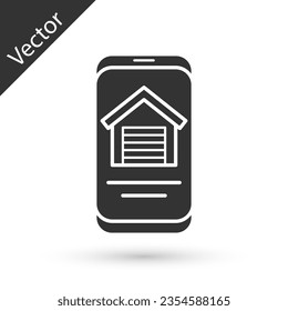 Grey Online real estate house on smartphone icon isolated on white background. Home loan concept, rent, buy, buying a property.  Vector