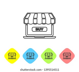 Grey Online shopping concept. Buy on screen laptop line icon on white background. Concept e-commerce, e-business, online business marketing. Set icon in color rhombus buttons. Vector Illustration