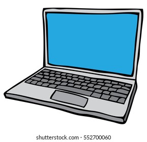 Grey Open laptop computer with blank blue screen. Sketchy vector illustration