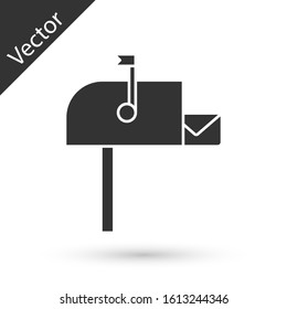 Grey Open mail box icon isolated on white background. Mailbox icon. Mail postbox on pole with flag.  Vector Illustration