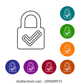 Grey Open padlock and check mark line icon on white background. Cyber security concept. Digital data protection. Safety safety. Set icon in color circle buttons. Vector Illustration