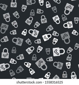 Grey Open padlock and check mark icon isolated seamless pattern on black background. Cyber security concept. Digital data protection. Safety safety.  Vector Illustration