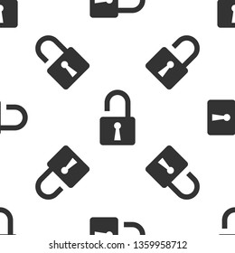 Grey Open padlock icon isolated seamless pattern on white background. Opened lock sign. Cyber security concept. Digital data protection. Safety safety. Vector Illustration