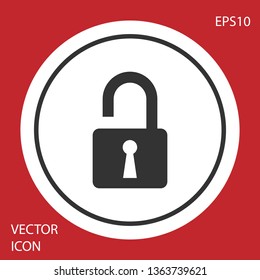 Grey Open padlock icon isolated on red background. Opened lock sign. Cyber security concept. Digital data protection. Safety safety. White circle button. Vector Illustration