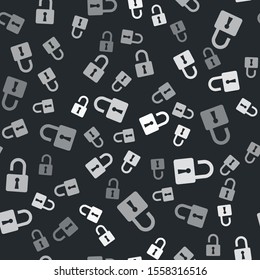 Grey Open padlock icon isolated seamless pattern on black background. Opened lock sign. Cyber security concept. Digital data protection. Safety safety.  Vector Illustration