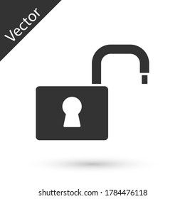 Icono de candado abierto gris aislado en fondo blanco. Signo de bloqueo abierto. Concepto de ciberseguridad. Protección digital de datos. Vector