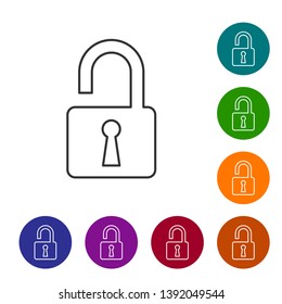 Grey Open padlock line icon on white background. Opened lock sign. Cyber security concept. Digital data protection. Safety safety. Set icon in color circle buttons. Vector Illustration