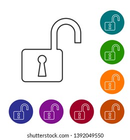 Grey Open padlock line icon on white background. Opened lock sign. Cyber security concept. Digital data protection. Safety safety. Set icon in color circle buttons. Vector Illustration