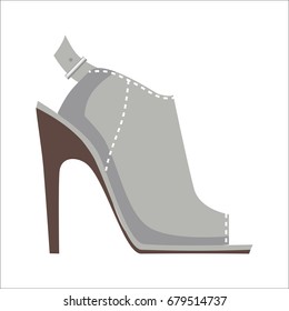 Grey open-toed mules shoe with high heel and stitching isolated on white background. Vector illustration of elegant women s shoes. Fashionable shoes with high heels for warm summer and spring.