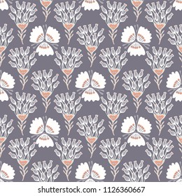 Grey Orange Flower Damask, Seamless Vector Pattern, Hand Drawn Folk Floral Illustration for Trendy Fashion Prints, Wallpaper, Stationery, Fabric, Elegant Home Decor, Gift Wrap & Pretty Backgrounds 