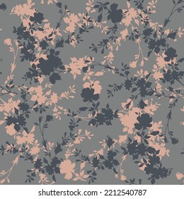 Graue und orangefarbene nahtlose Vektorgrafik, kleine Blumen, Muster auf Hintergrund
