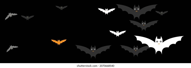 Grey Orange Sky Funny Cartoon Bats. Spooky Faces Scary Black Mysterious Bats Background. Horror Fear Creepy Gothic Vampire Backdrop. Monster Dracula Party Chaos White Halloween Modern Design.