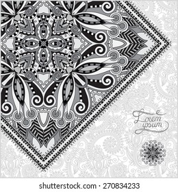grey oriental decorative template for greeting card in a folk style, you can place your text in the empty place, black and white vector illustration
