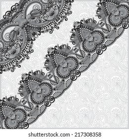 grey ornamental background with flower ribbon, stripe pattern, greeting card, black and white collection, vector illustration