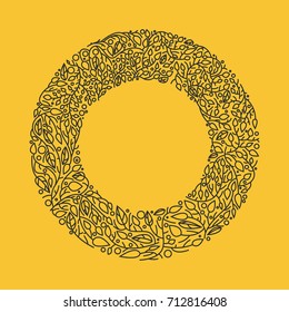 Grey ornamental floral elements in a circle on a yellow background