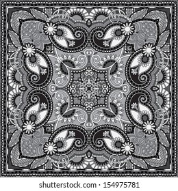 grey ornamental floral paisley bandanna. You can use this pattern in the design of carpet, shawl, pillow, cushion, black and white collection