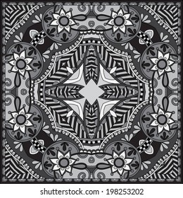 grey ornamental floral paisley bandanna. You can use this pattern in the design of carpet, shawl, pillow, cushion, black and white collection