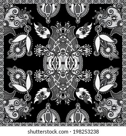 grey ornamental floral paisley bandanna. You can use this pattern in the design of carpet, shawl, pillow, cushion, black and white collection