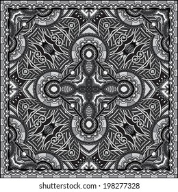 grey ornamental floral paisley bandanna. You can use this pattern in the design of carpet, shawl, pillow, cushion, black and white collection