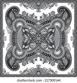 grey ornamental floral paisley bandanna. You can use this pattern in the design of carpet, shawl, pillow, cushion, black and white collection
