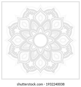 Grey ornamental round pattern (mandala) on white background. Card template design. Vector illustration.