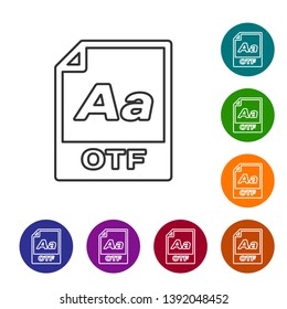Grey OTF file document icon. Download otf button line icon isolated on white background. OTF file symbol. Set icon in color circle buttons. Vector Illustration