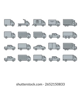 Grey Outline Icons Diverse Vehicle Fleet Trucks Vans Pickup Trucks and Cars Transportation and Logistics Simple Style Modern Mood