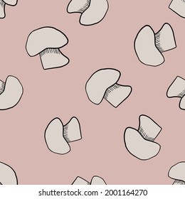 Grey outline random champignon seamless pattern in hand drawn style. Pastel pink background. Vector illustration for seasonal textile prints, fabric, banners, backdrops and wallpapers.
