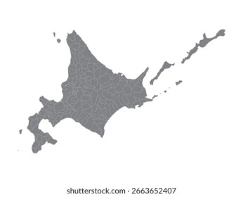 Grey outline style vector map of Hokkaido Japan areas