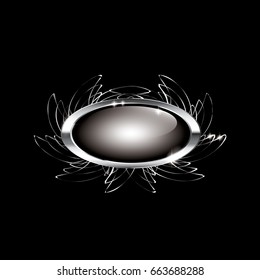 Grey oval background with a silver ornate frame, with space for your text. Vector illustration.
